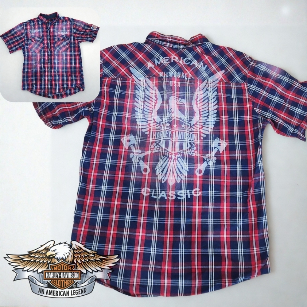Harley-Davidson Red White & Blue Plaid button up tee